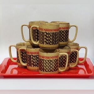 (11pc) 9 Glazed Stoneware 8oz Nestlé RICH 'N CREAMY HOT COCOA Mugs & 2 Red Trays
